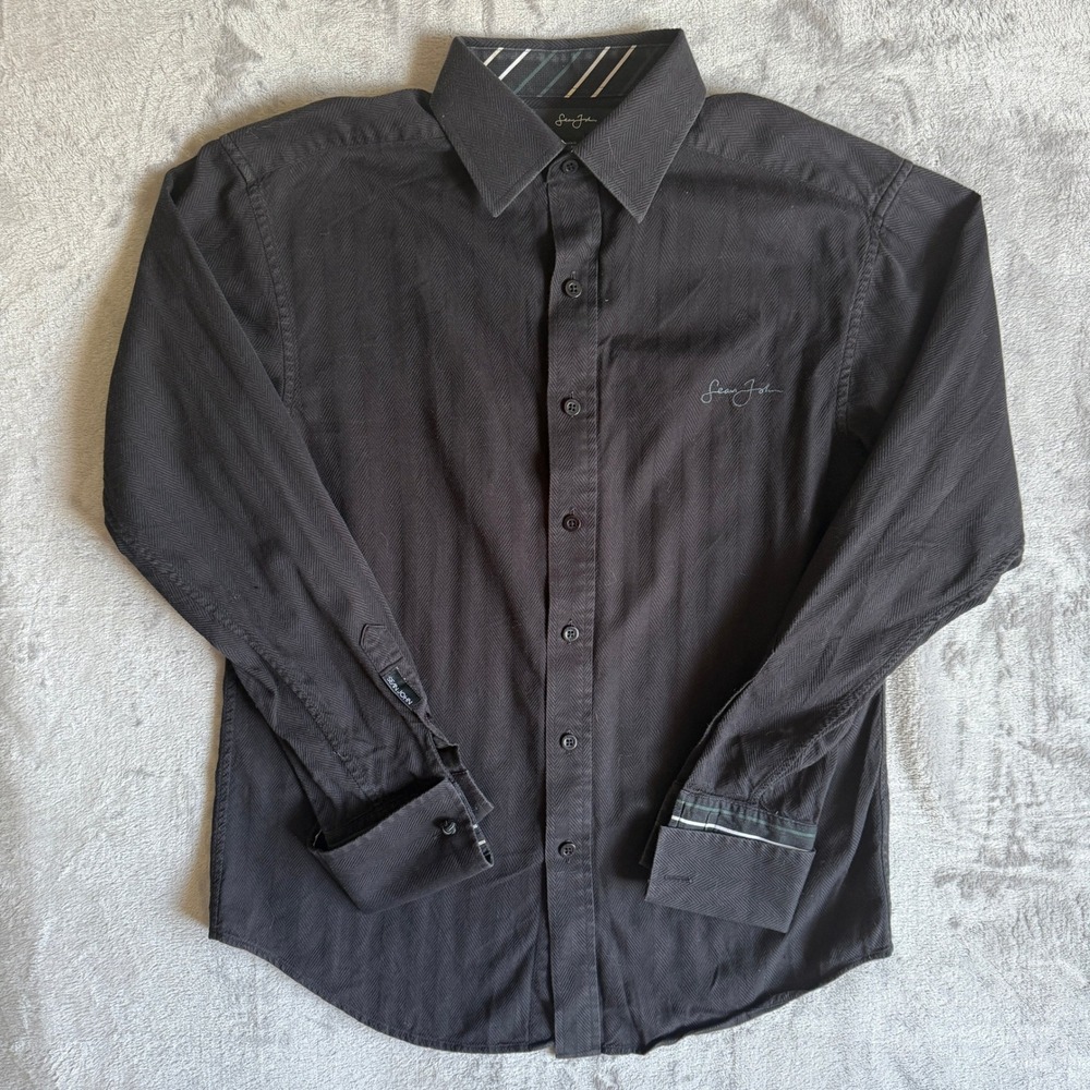 Sean John Mens Black Herringbone Long Sleeve Button Down Shirt Size M Cotton